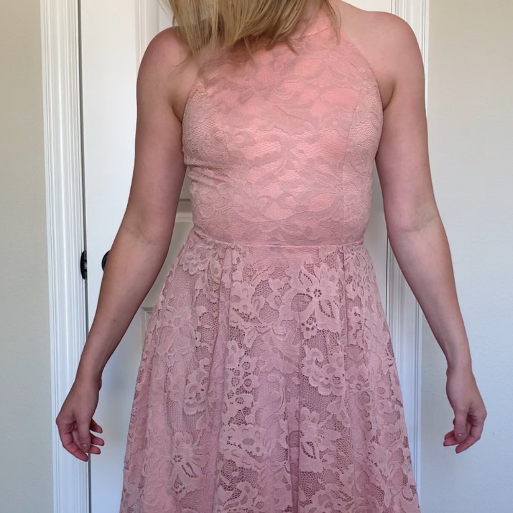 Dressystar Pink Lace Halter High-Lo Dress - XS